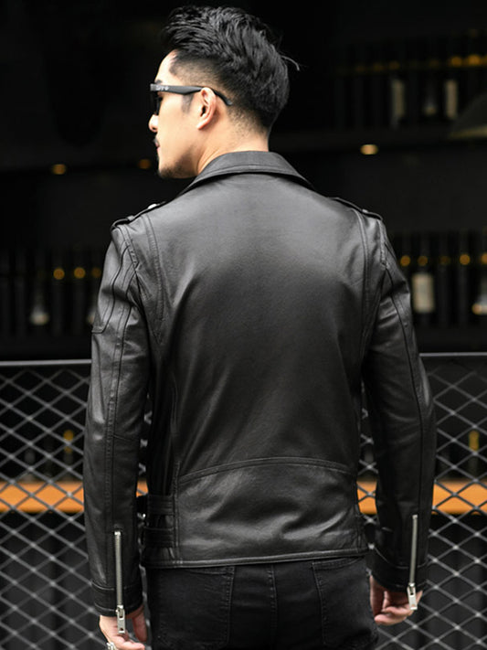Spring Autumn Short Cool Black Leather Biker Jacket Men Zipper Long Sleeve Belt