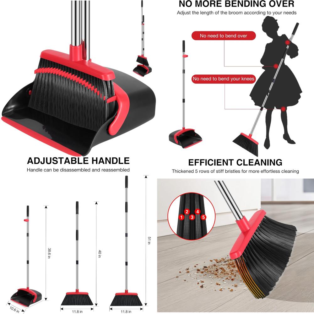 broom and dustpan set, 52-in long adjustable handle broom dustpan combo with du image 5