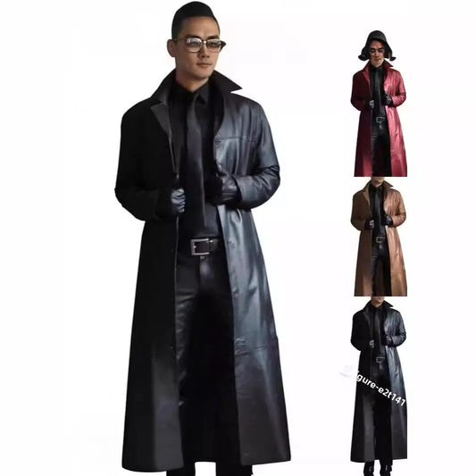 Fashionable Extended Length PU Leather Jacket for Men's Solid Color Slim Fit Oute