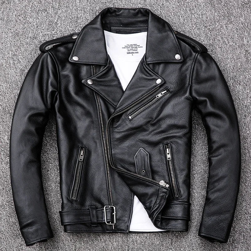 Spring Classical Motorcycle oblique zipper Jackets Men Leather Jacket Natural C image 1