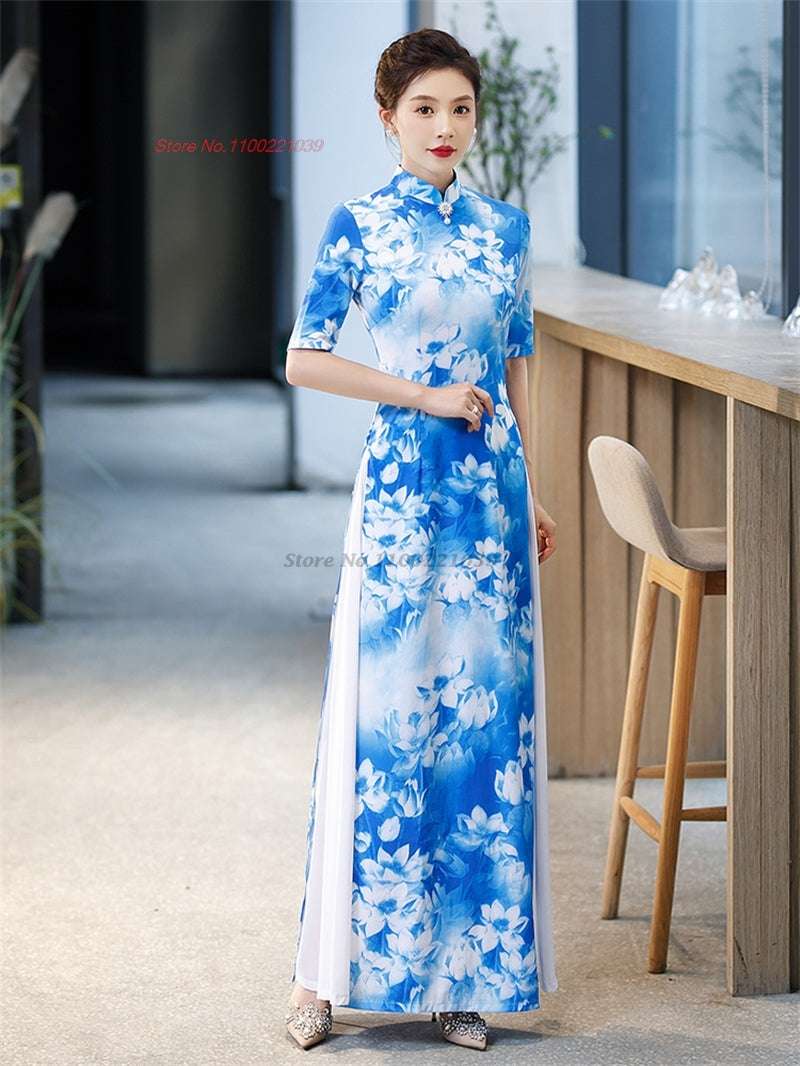 2024 chinese improved qipao dress vintage flower print vietnam ao dai dress ele