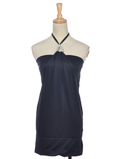 Women Fit Black Club Party Short Tunic Halter Dress Crystal Pendant Backless Sl image 1