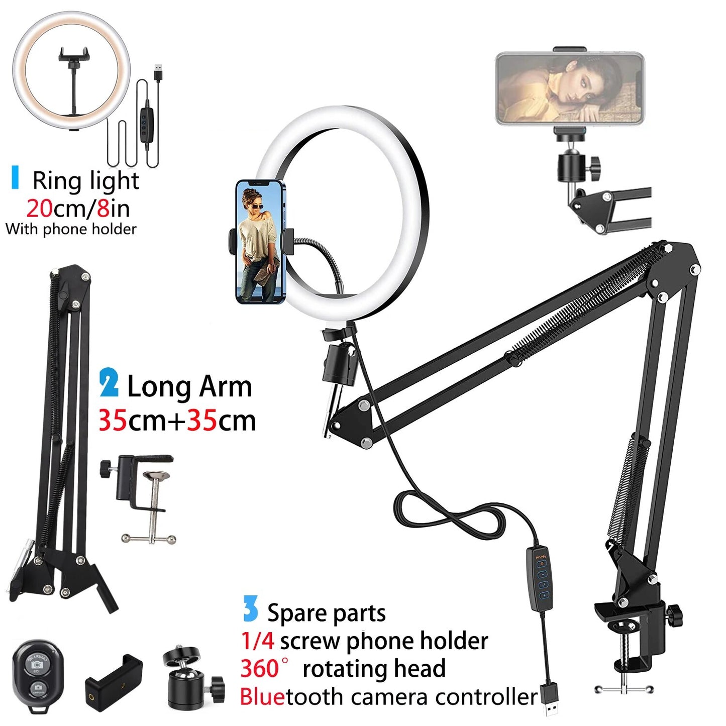 LED Selfie Ring Light Phone Stand With Folding Arm Circle Fill Light Dimmable T image 1