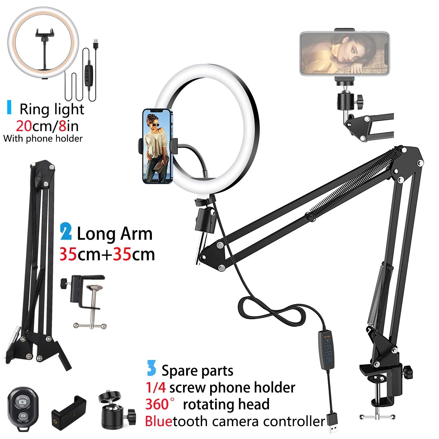 LED Selfie Ring Light Phone Stand With Folding Arm Circle Fill Light Dimmable T image 1