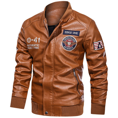 Spring and Autumn Men Motorcycle Suit Leather jacket Color blocking American  image 5