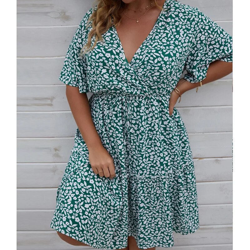 Plus Size Dress Woman 2023 Summer V Neck Short Sleeve Floral Print Casual Midi