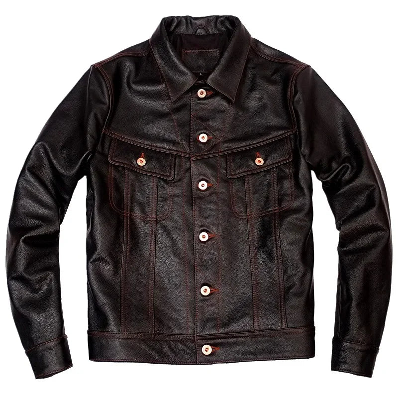 Popular vintage casual style genuine leather jacket.Cheap Men'sli