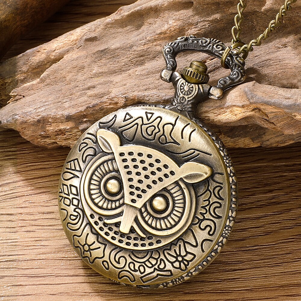 Antique Bronze Night Owl Necklace Quartz Pocket with Chain Necklace Vintage Qua image 6