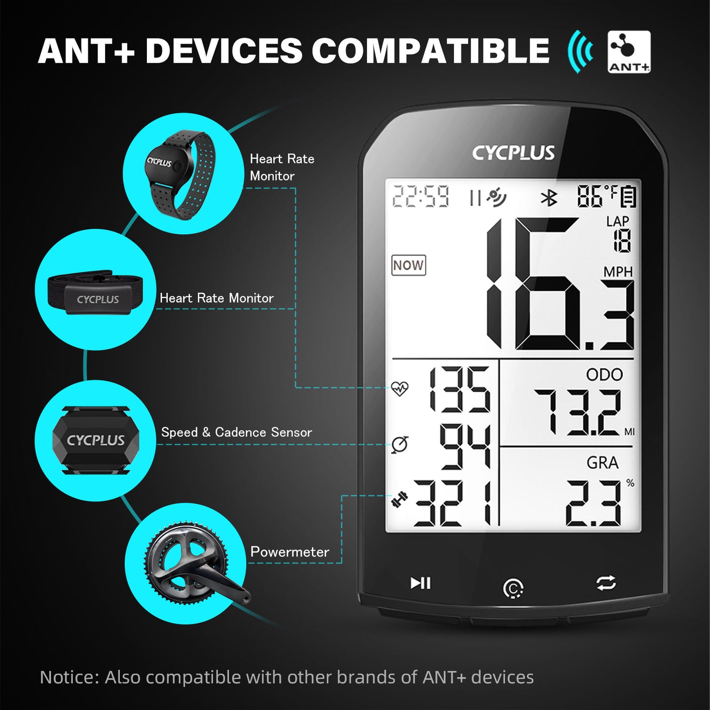 GPS Bike Computer Wireless CYCPLUS M1 Waterproof Speedometer Odometer ANT+ Blue image 6