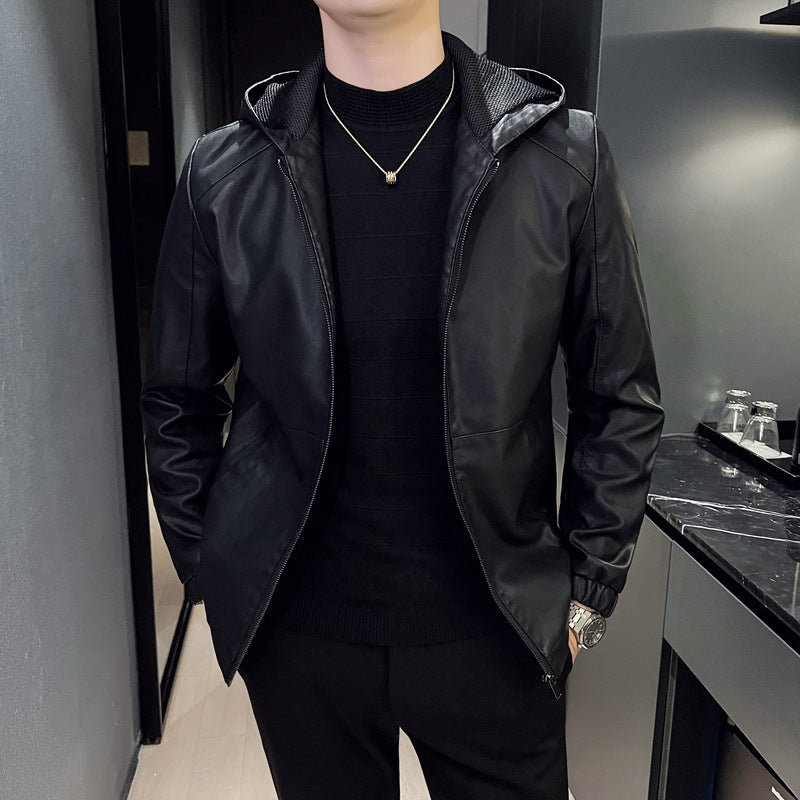 Autumn Men's Vintage Hooded PU Leather Jacket Fashion Motorcycle Windproof Outw image 2