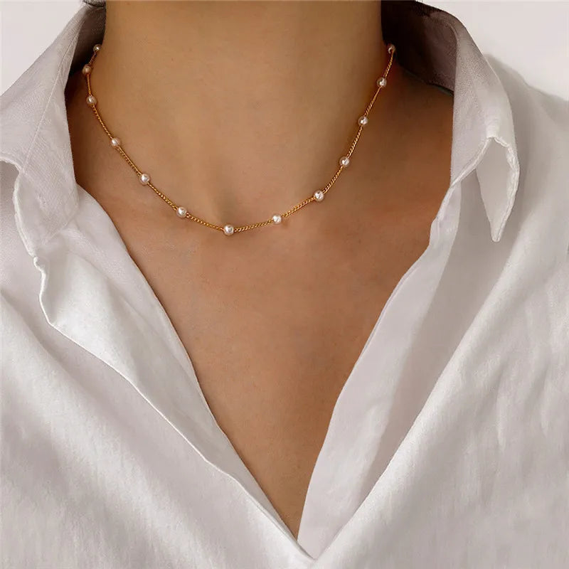 Simple Pearl Beads Chic Exquisite Necklace Gold Color Thin Chain Minimalist Cha image 6