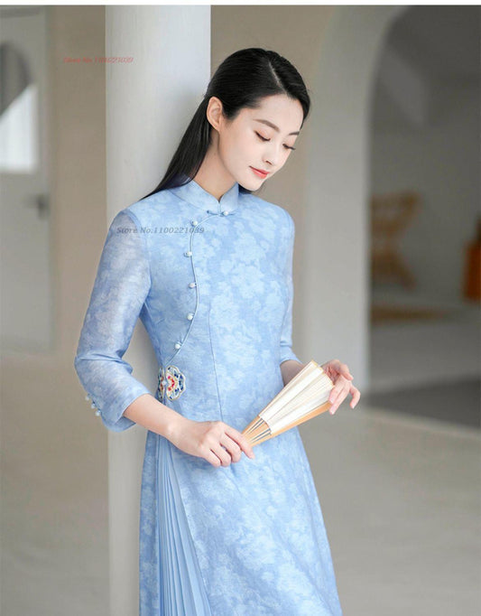 2024 ao dai vietnam traditional dress national flower print embroidery improved