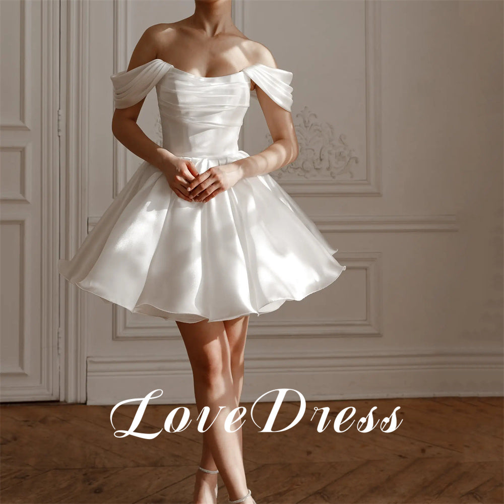 Love Simple Off The Shoulder A-Line Short Stain Wedding Dresses Elegant Above K image 1