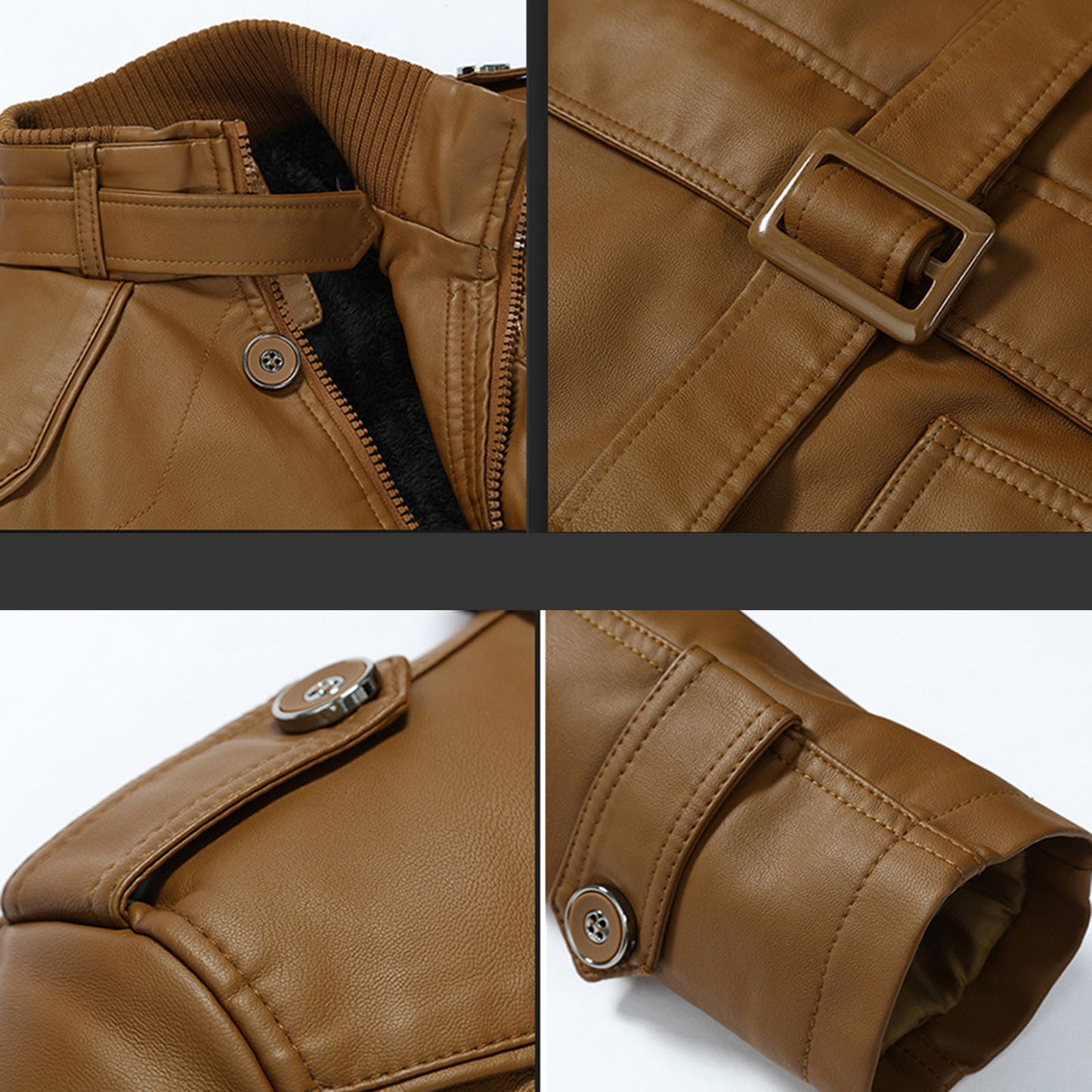 Men's Outdoor Sport Motorcycle Leather Jacket Solid Color Zipper Stand Collar W image 4