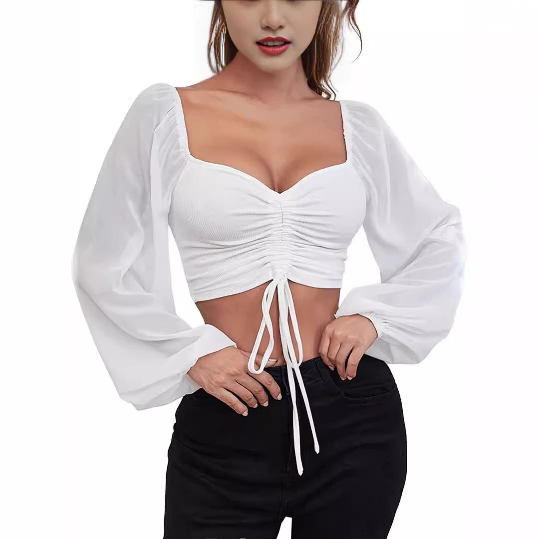 ALLUKASA Sexy Mesh Lantern Sleeves Drawstring Wrap Chest Bare Midriff T Shirt W image 5