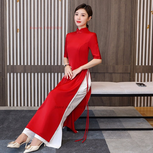 2024 vietnam aodai dress cheongsam national flower embroidery dress+pants set i