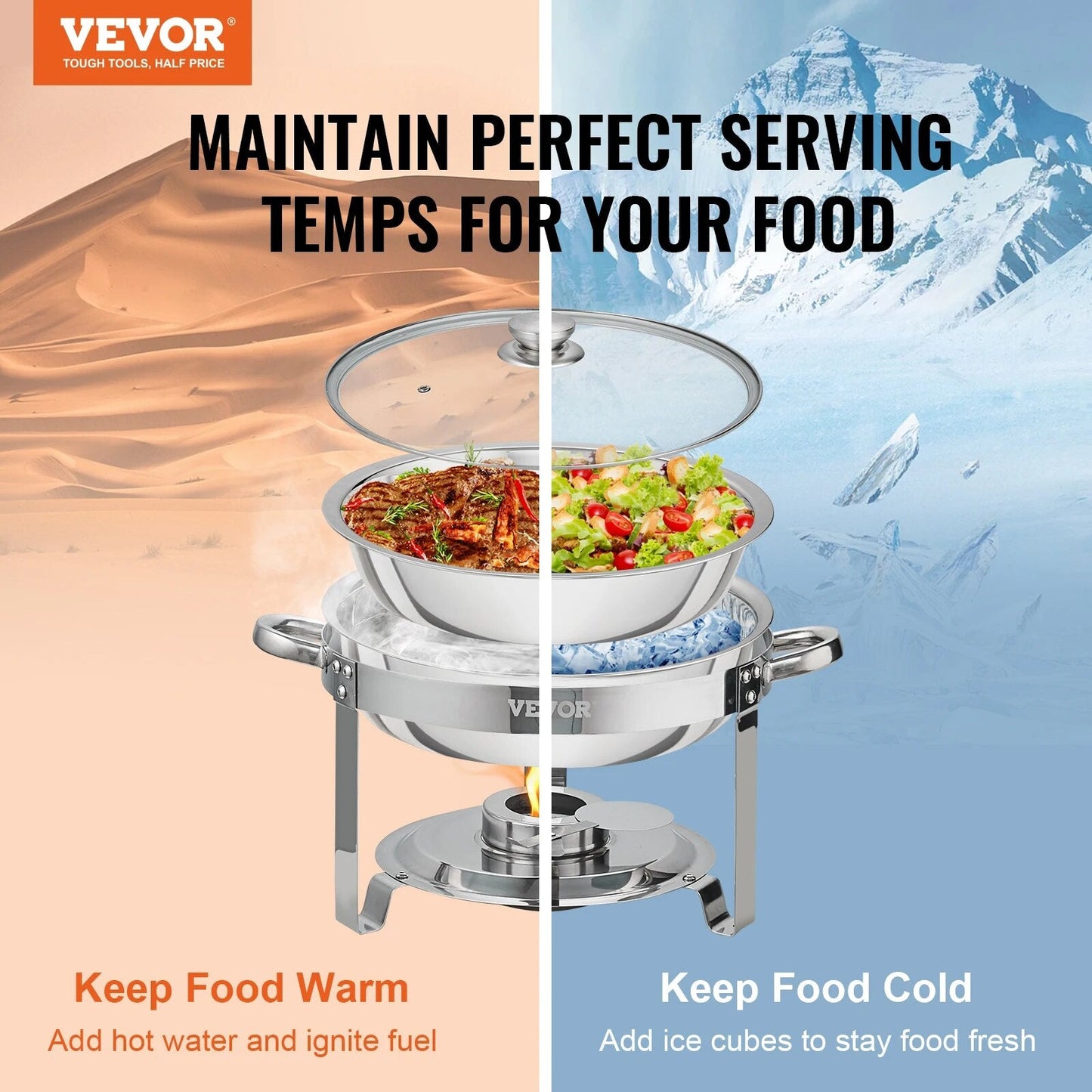 VEVOR 4QT 2-Pack Round ChaFolding Dish Set Stainless Steel Buffet Chafer with Full