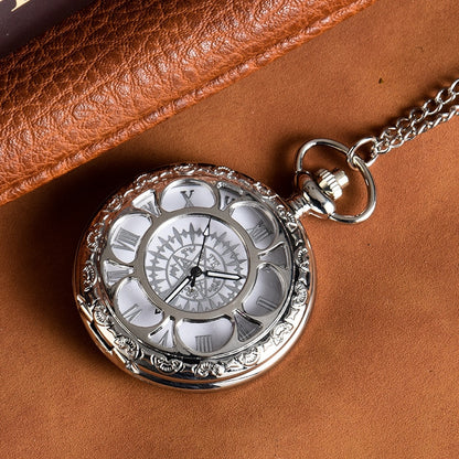Creative silvery engraved hollow quartz pocket watch with Arabic numerals vinta image 3
