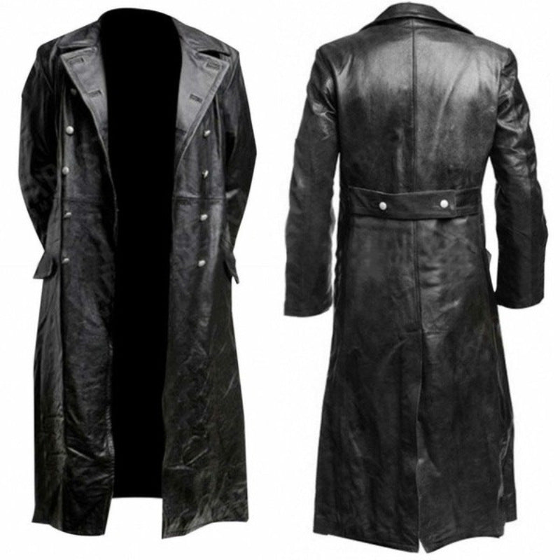 2024 Spring Men Faux Leather Trench Fashion Long Sleeve Autumn Windbreaker Coat image 3