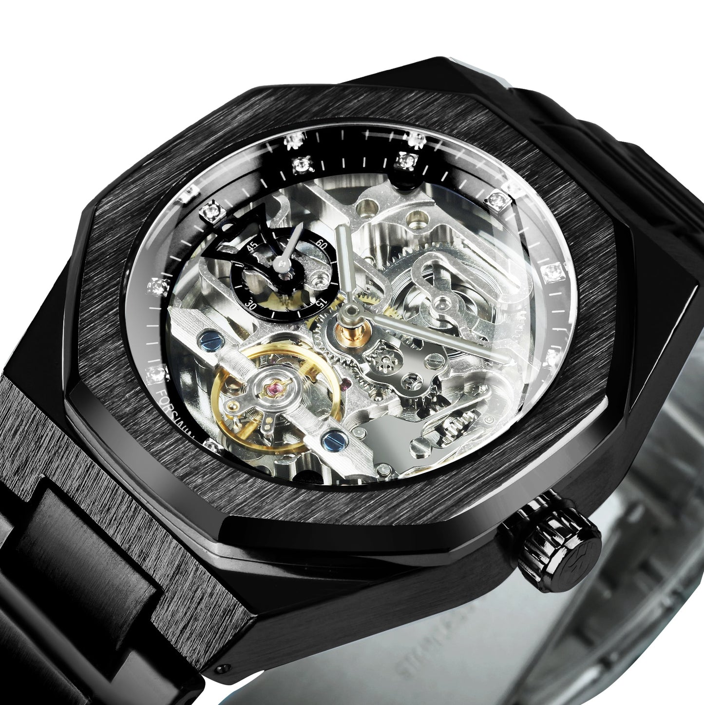 Forsining Black Automatic Watch 3D Diamond Dial Irregular Skeleton Mechanical W image 3