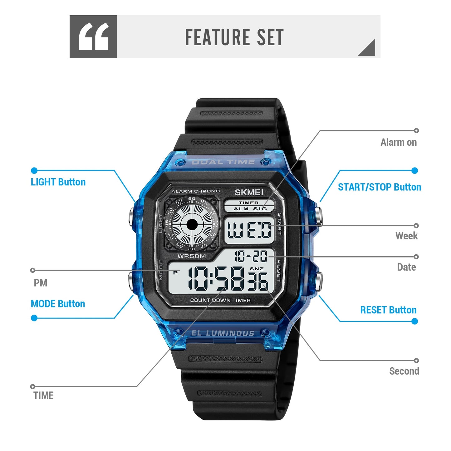 SKMEI Japan Digital Movement Countdown Sport Watches Mens Multifunction 5Bar Wa image 5