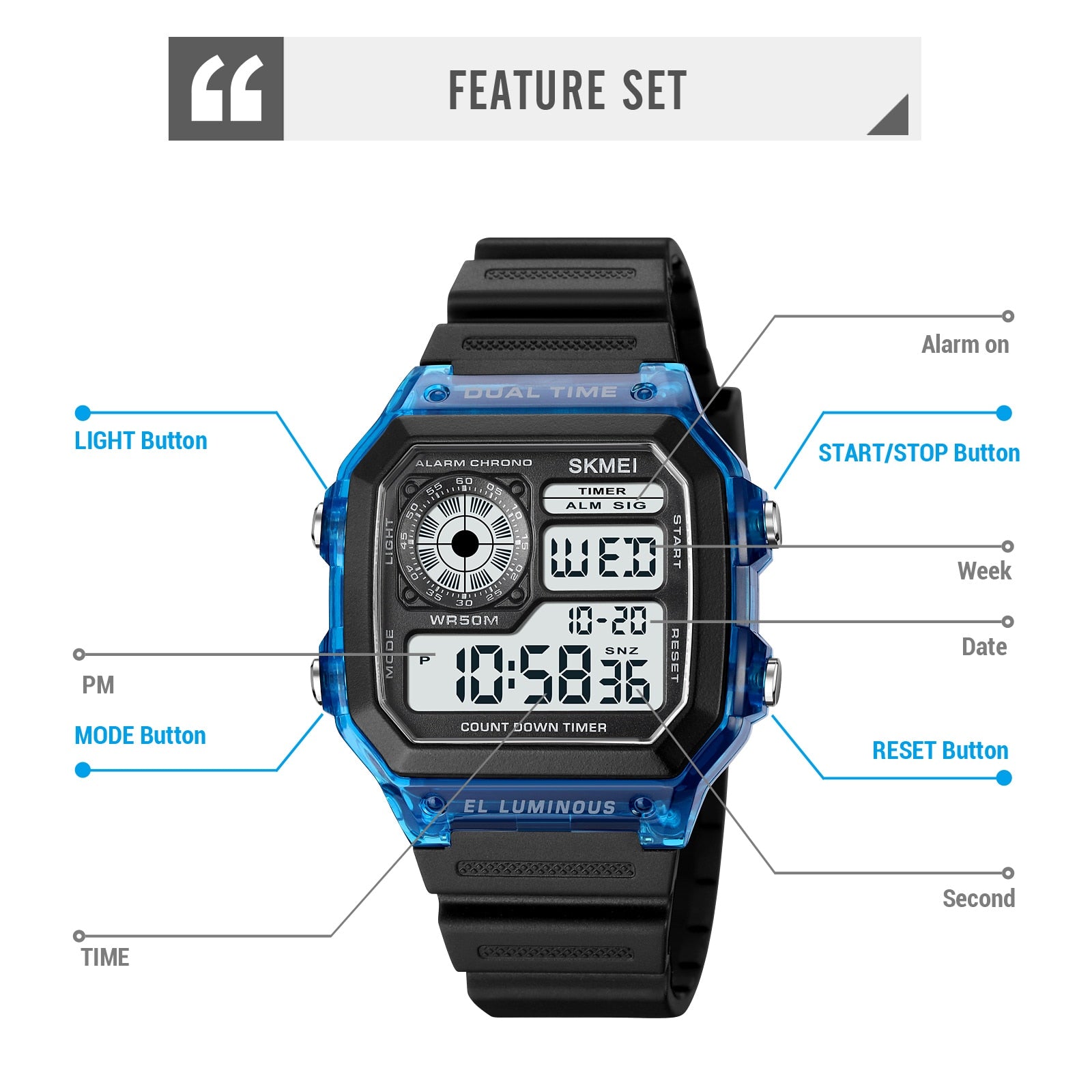 SKMEI Japan Digital Movement Countdown Sport Watches Mens Multifunction 5Bar Wa image 5