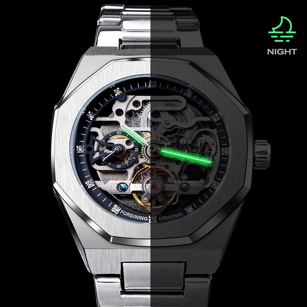 Forsining Casual Automatic Watch 3D Diamond Skeleton Hollow Mens Wristwatches L image 7