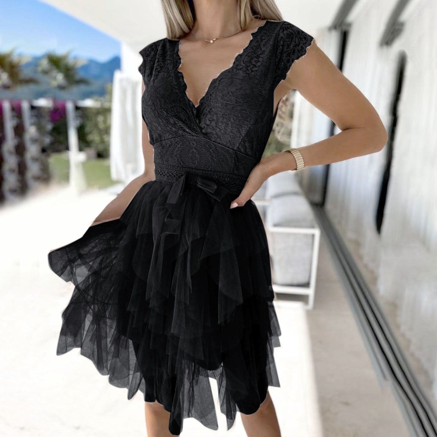 Backless White Lace Wedding Party Dress Women's  Bow Lace-up Mesh Sleeveles