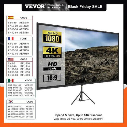 VEVOR 100 Inch Tripod Projector Screen W/ Stand 16:9 4K HD Portable Home Cinema image 1