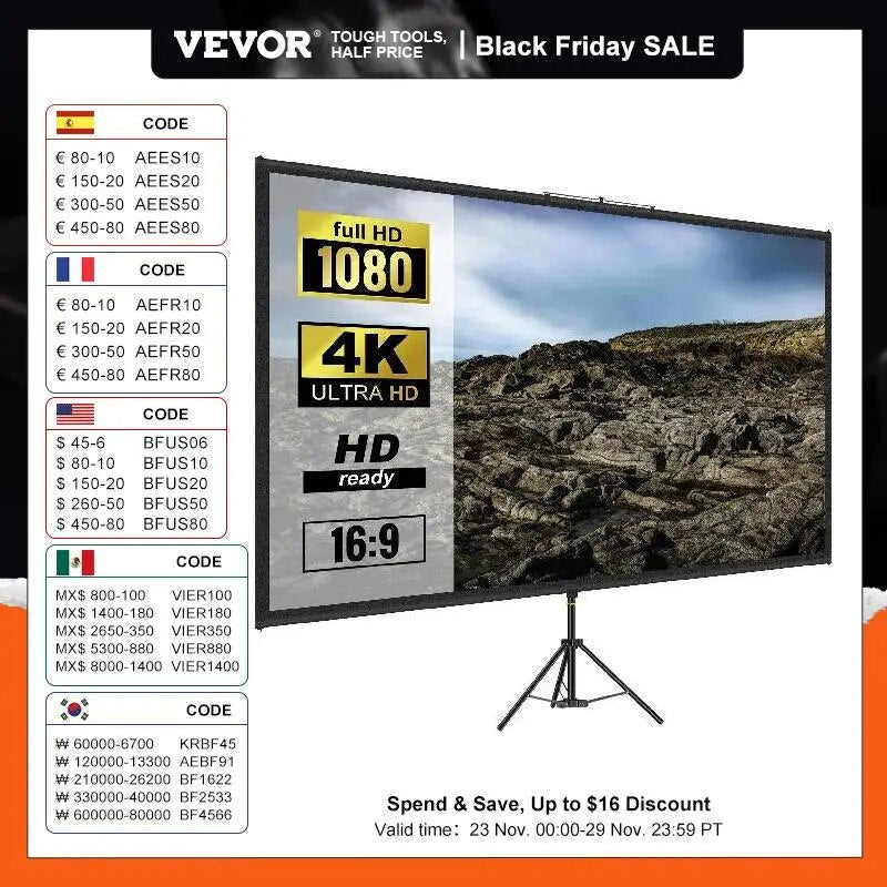 VEVOR 100 " Tripod Projector Screen W/ Stand 16:9 4K HD Portable Home Cinema image 1