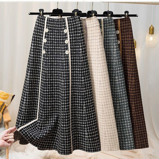 Plaid button knitted skirt Women autumn and winter fashion new high waist mid-l
