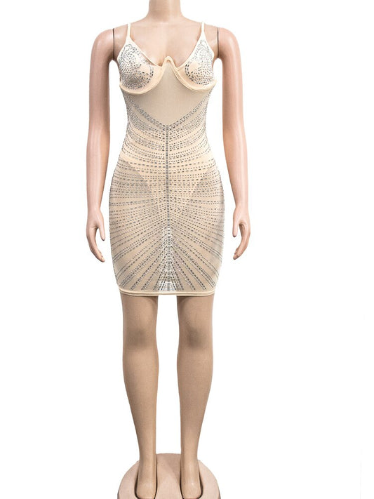 Kricesseen Sparkle Rhinestone Sheer Mesh Underwire Mini Dress Chic Women image 0
