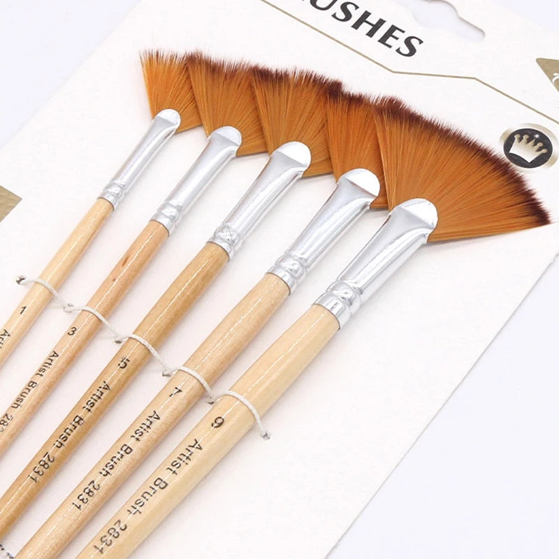 5Pcs/Set Creative Fan Shap Gouache Painting Pen High Quality Nylon Hair Wooden image 1
