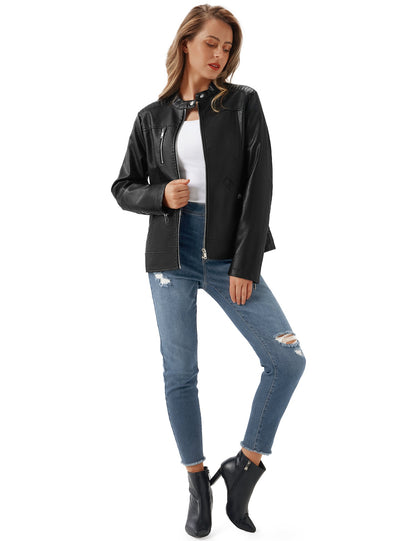 UR Women's Faux Leather Jacket Black Motorcycle Moto Biker Short Coat