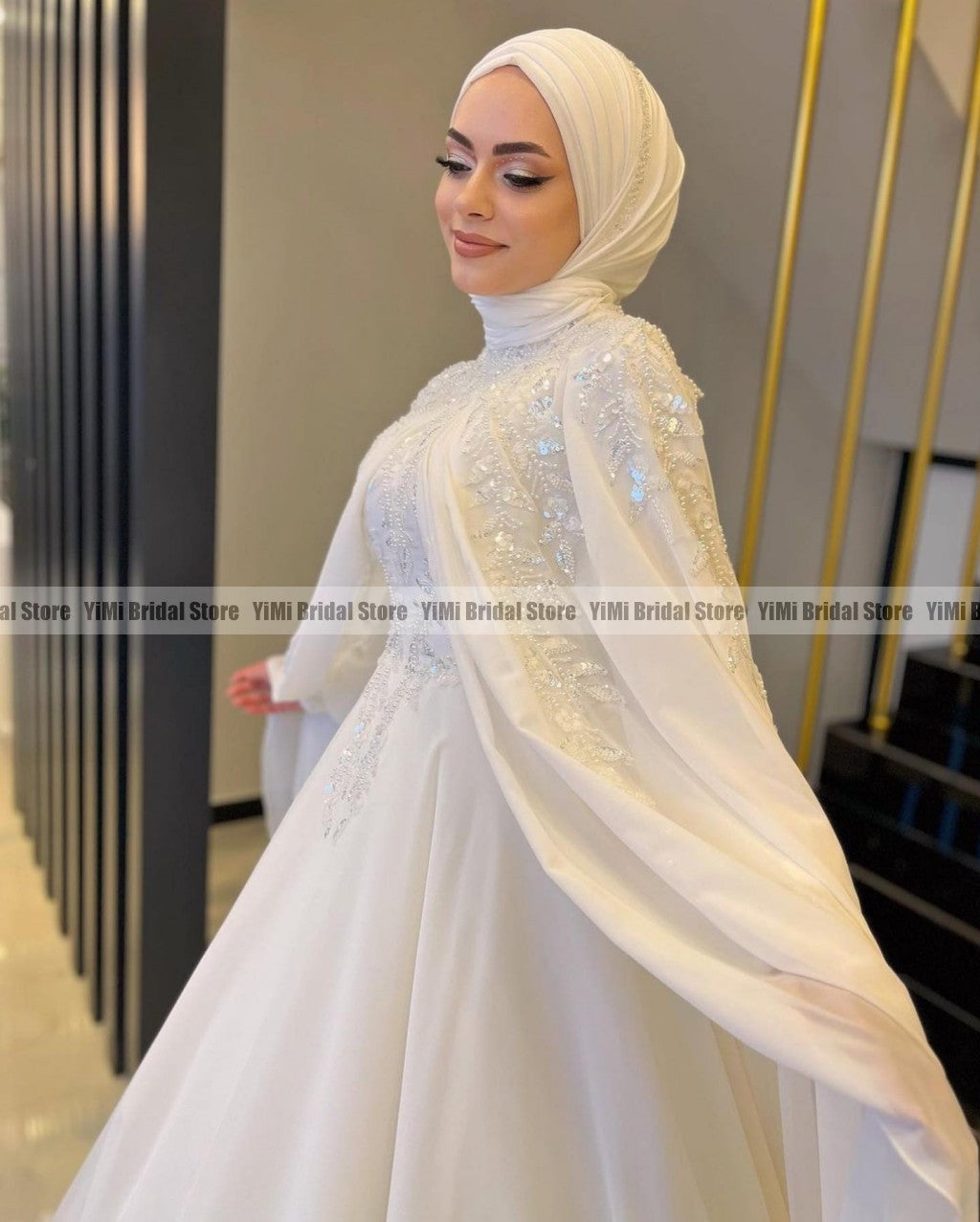 Elegant Muslim Wedding Dresses with Cape High Neck Long Sleeves Sweep Train Chi image 5