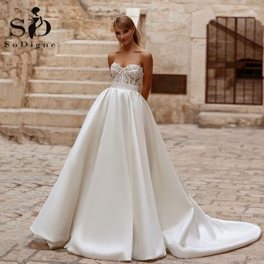 SoDigne Boho Lace Top Wedding Gown A Line Corset Wedding Dress For Women Detach