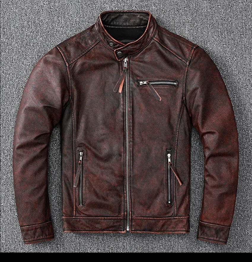 Classic motor style,black genuine leather Jacket,fashion men casu