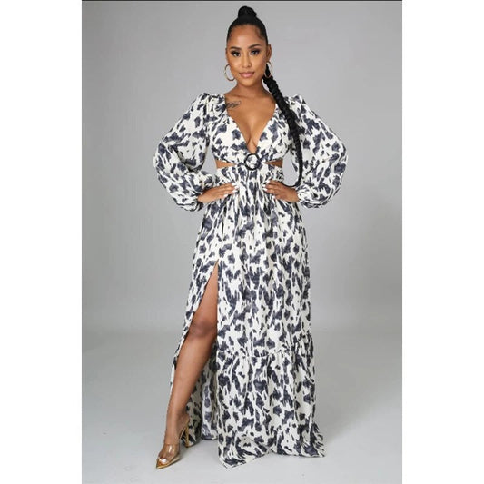 Women Plus Size Long Dress Slit Hem Floral V-Neck Long Sleeve Cut Out