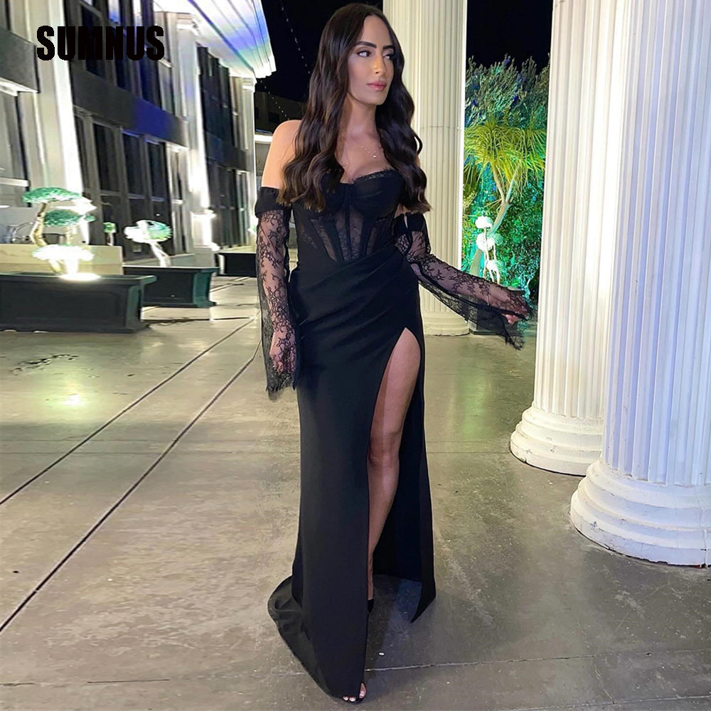 Sumnus  Black Satin Prom Party Dress Detachable Long Sleeve Formal Night Ev