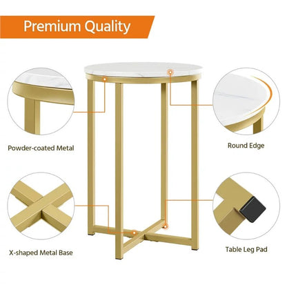 Wooden Top Round Faux Marble Side Table Sturdy Metal Legs Mustard Gold image 4