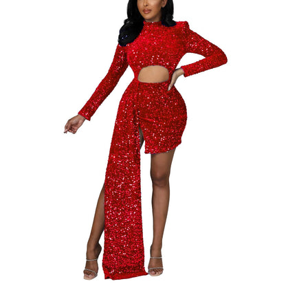 Elegant  White/Red Hollow Out Sequins Long Dress Women Fashion Bodycon Lo image 3