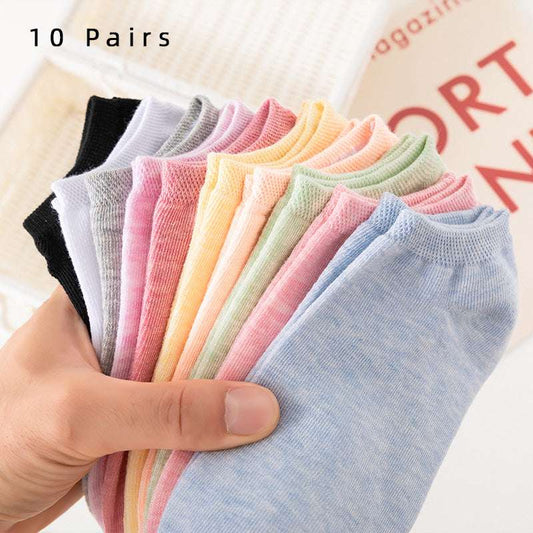 10 Pairs Of Colored Cotton Women's Short Socks, Ankle Breathable Mesh Sports So
