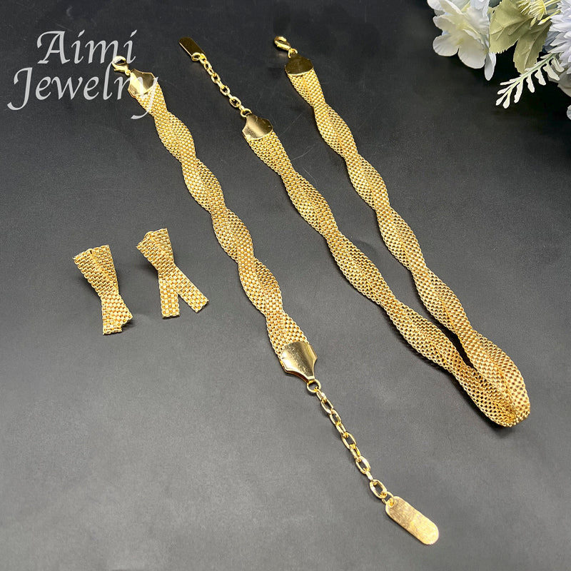 Simple 18K Gold Plated Jewelry Set for Women Golden Choker Necklace Drop Earrin image 4