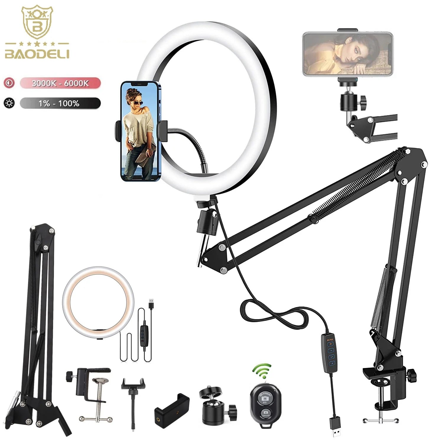 LED Selfie Ring Light Phone Stand With Folding Arm Circle Fill Light Dimmable T image 3