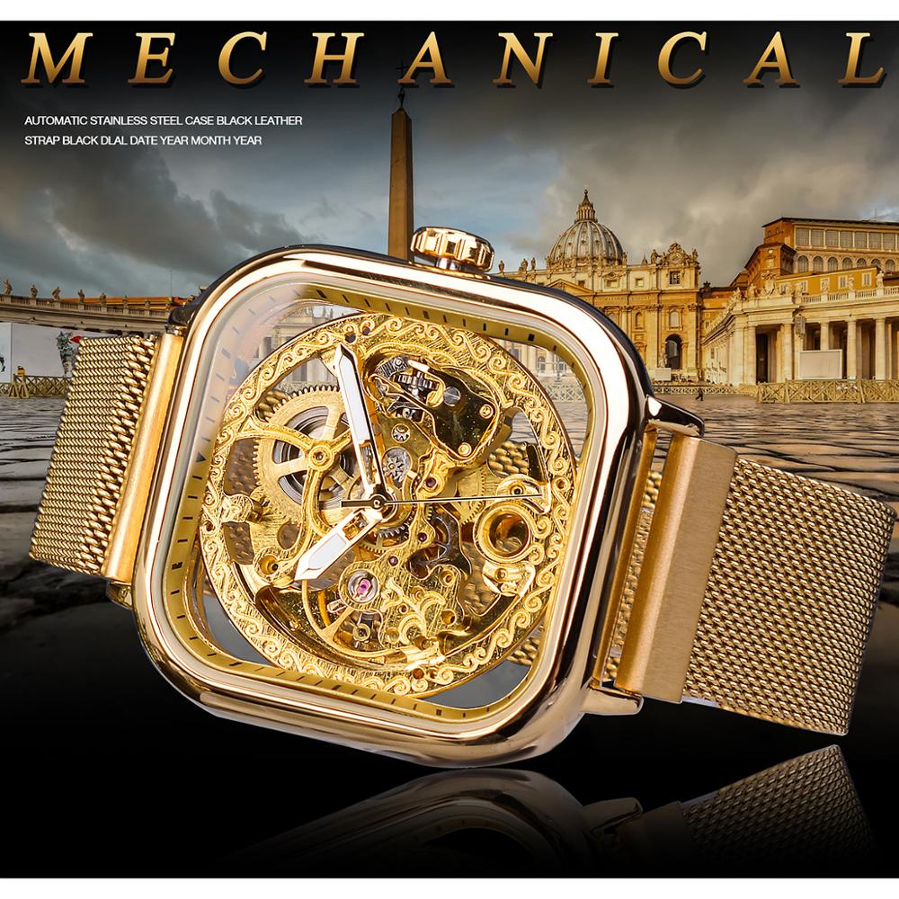 Forsining Golden Men Automatic Watch Square Skeleton Mesh Steel Band Mechanical image 2