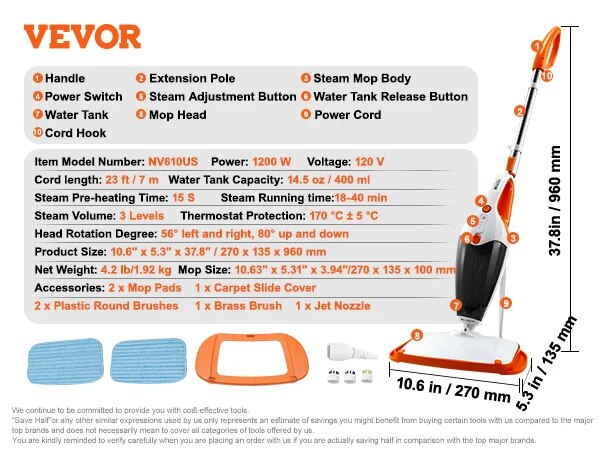 VEVOR Steam Mop Cleaner 5-in-1 High Temperature Steam Cleaner Multipurpose Floo image 3