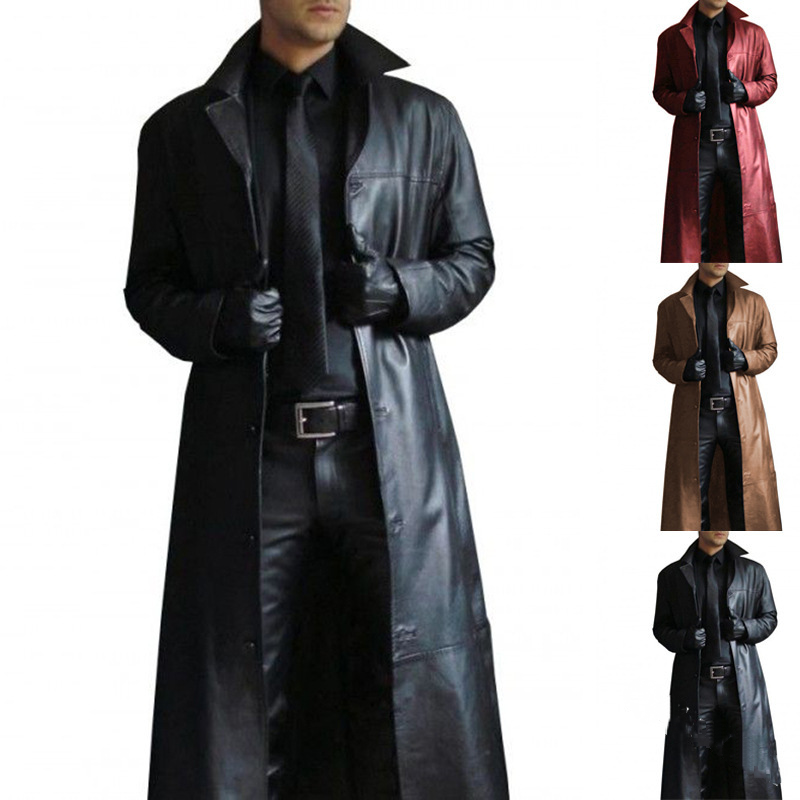 2025 Men Faux Leather Trench Fashion Long Sleeve Autumn Windbreaker Coat Slim L image 4