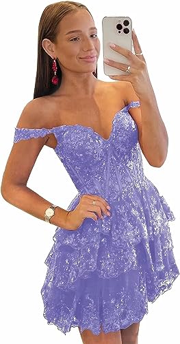 Off-the-Shoulder Sweetheart Tulle Homecoming Dresses Lace Tiered Sleeveless Spa image 5