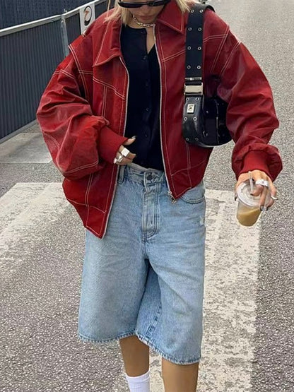 Women s Faux Leather Jacket Stylish Lightweight Zipper Front Long Sleeve Coat f image 6