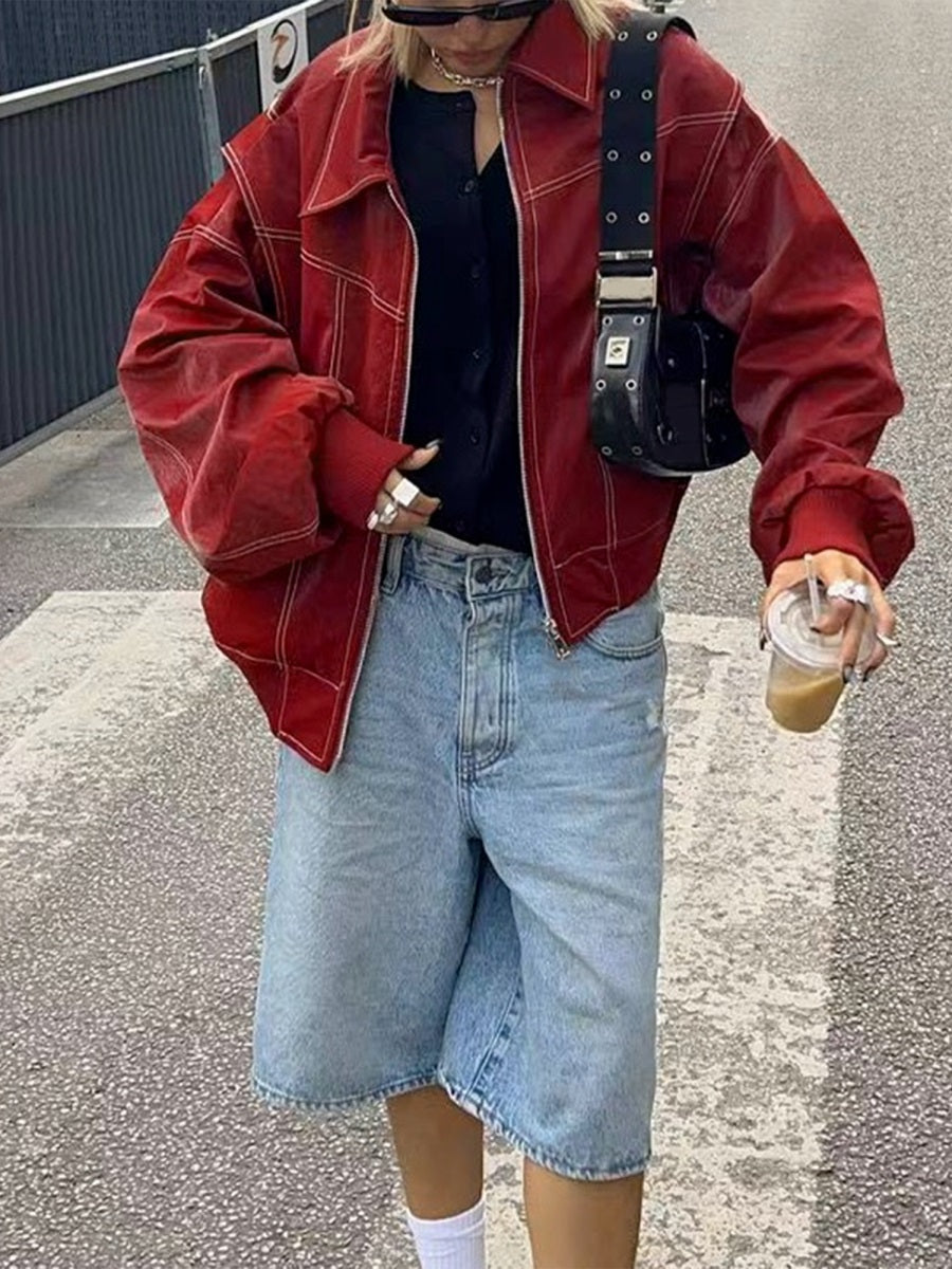 Women Faux Leather Jacket  Lightweight Zipper Front Long Sleeve Coat f